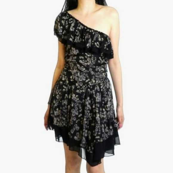 [Cecico] Black and Cream Chiffon Ruffled One Shoulder Asymmetrical Dress Large - Picture 1 of 16